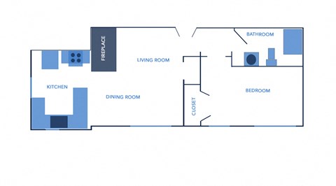 Floor plan for 1 bed, 1 bath, 527 sqft